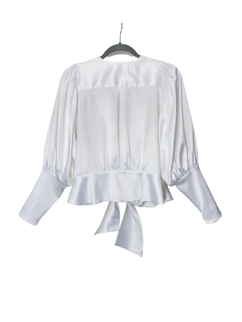 Goretty Medina White Satin Puff‎ Sleeve Tie-v neck Front Blouse - Size S - Picture 3 of 5